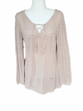 Bedford Fair Boho Biege Crochet Pullover Long Sleeve Blouse Size Medium